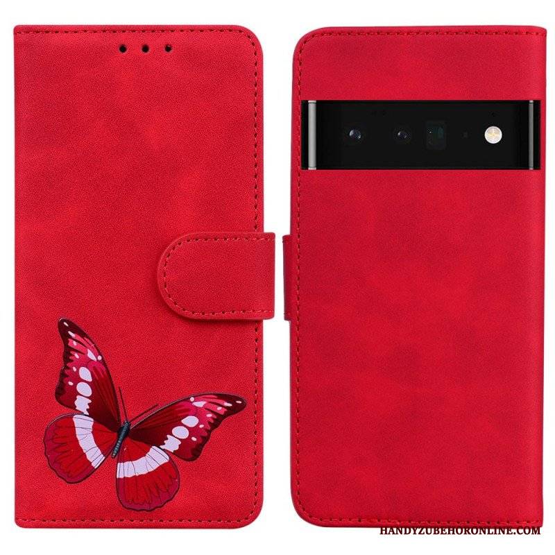 Etui Folio do Google Pixel 6 Pro Motyl Dotykający Skóry