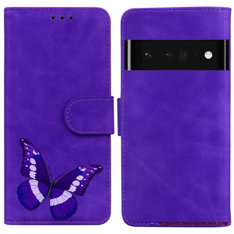 Etui Folio do Google Pixel 6 Pro Motyl Dotykający Skóry