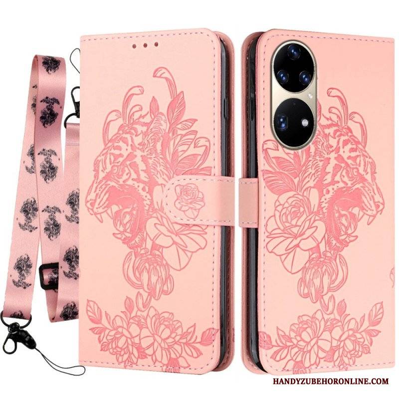 Etui Folio do Huawei P50 Pro z Łańcuch Barokowy Tygrys Z Paskami