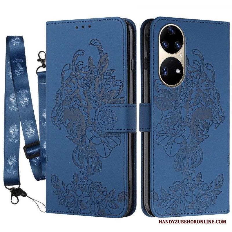 Etui Folio do Huawei P50 Pro z Łańcuch Barokowy Tygrys Z Paskami