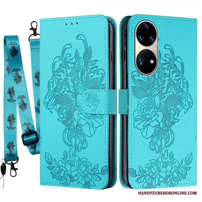 Etui Folio do Huawei P50 Pro z Łańcuch Barokowy Tygrys Z Paskami