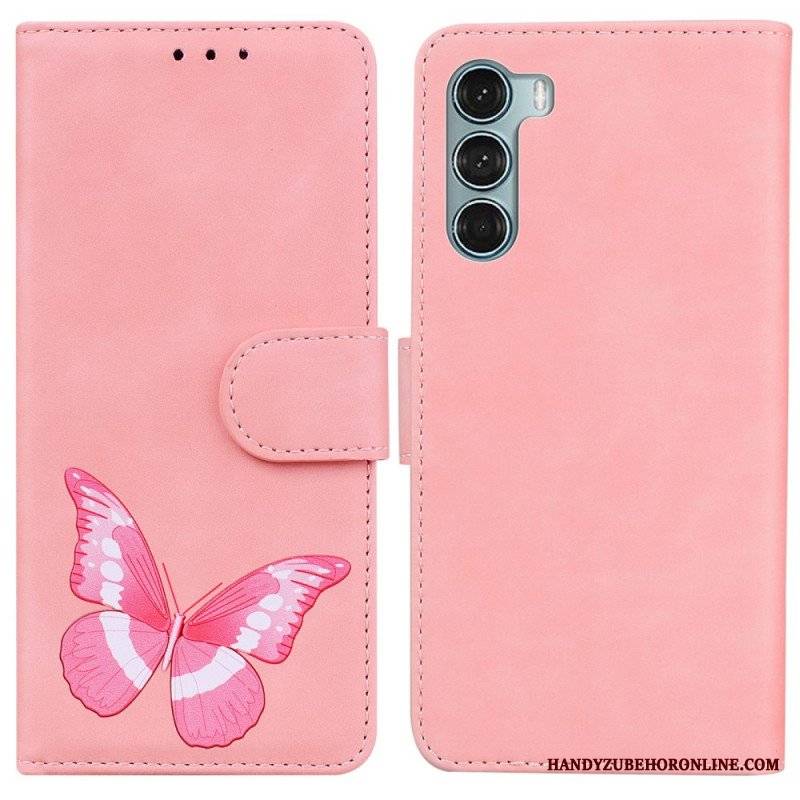 Etui Folio do Moto G200 5G Motyl Dotykający Skóry