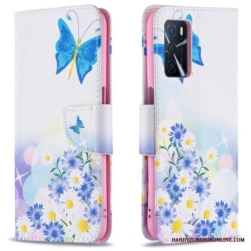 Etui Folio do Oppo A16 / A16s Malowane Motyle I Kwiaty