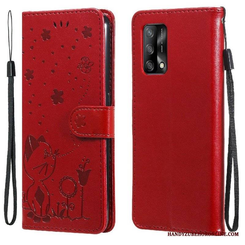 Etui Folio do Oppo A74 4G z Łańcuch Kot I Pszczoła Z Smyczą