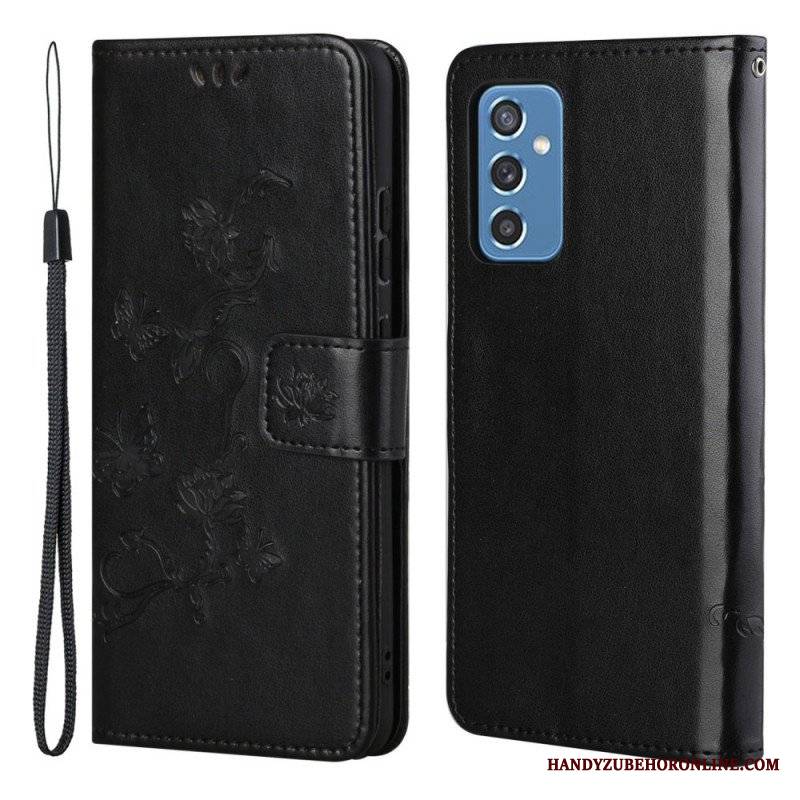 Etui Folio do Samsung Galaxy M52 5G z Łańcuch Pasek W Motyle I Kwiaty