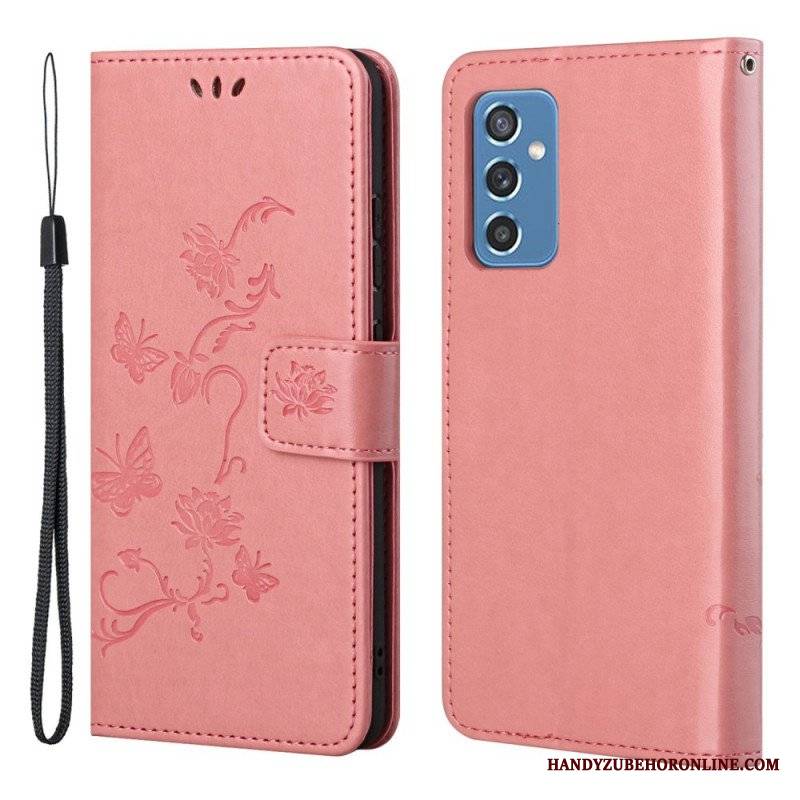 Etui Folio do Samsung Galaxy M52 5G z Łańcuch Pasek W Motyle I Kwiaty