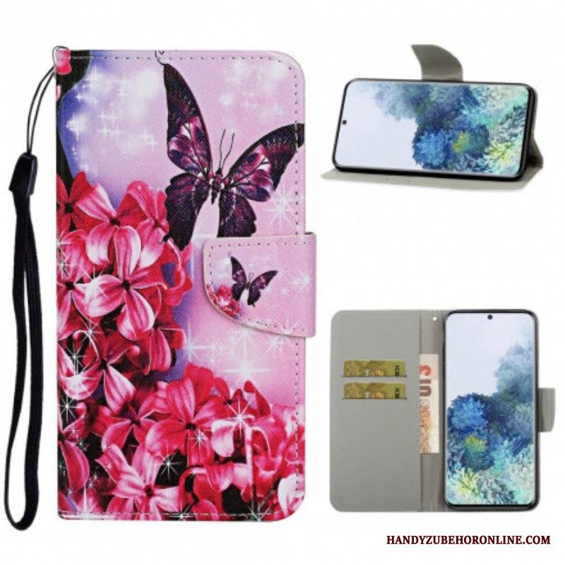 Etui Folio do Samsung Galaxy S21 Ultra 5G Smycz W Kwiaty Motyle