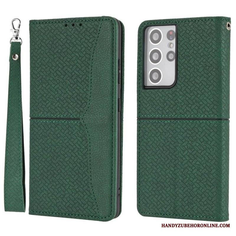 Etui Folio do Samsung Galaxy S21 Ultra 5G z Łańcuch Styl Tkanej Skóry Z Paskami