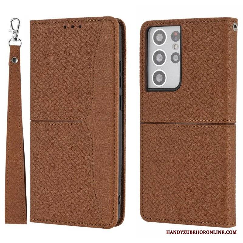 Etui Folio do Samsung Galaxy S21 Ultra 5G z Łańcuch Styl Tkanej Skóry Z Paskami