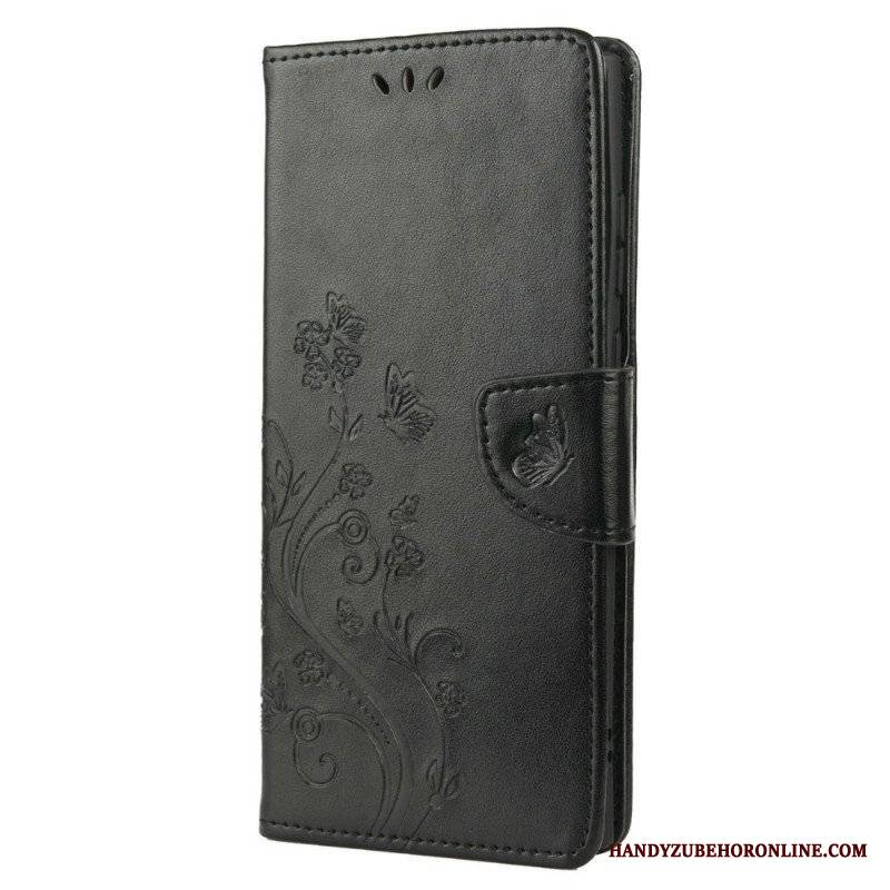 Etui Folio do Samsung Galaxy S22 Ultra 5G Motyle I Kwiaty Z Smyczem