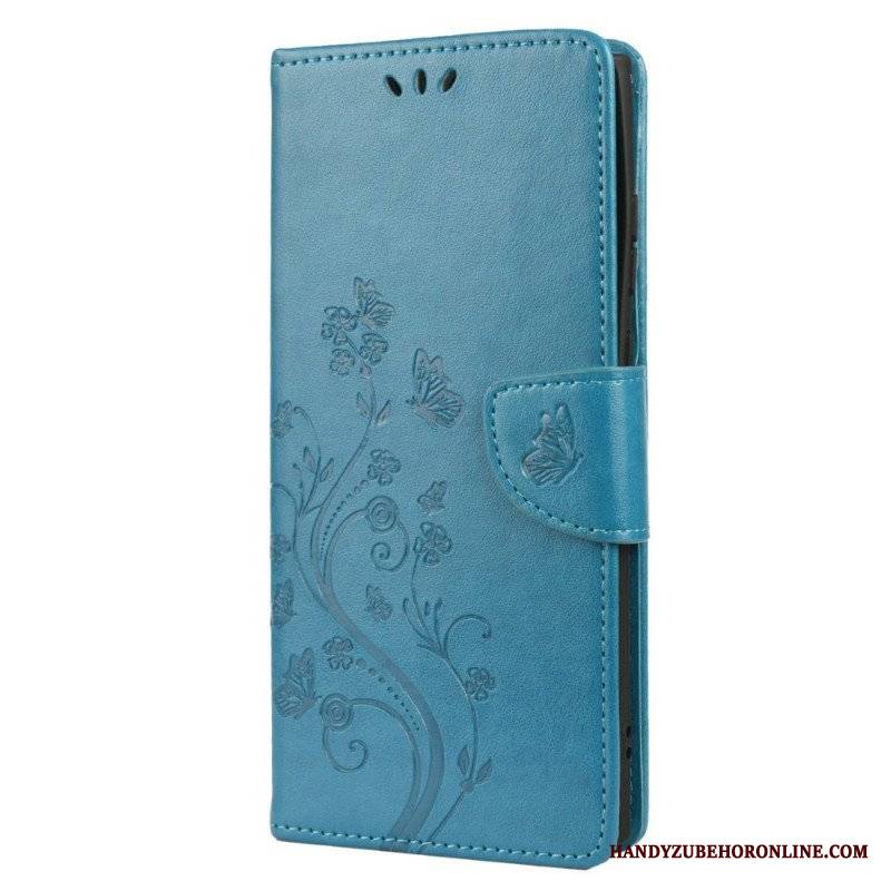 Etui Folio do Samsung Galaxy S22 Ultra 5G Motyle I Kwiaty Z Smyczem