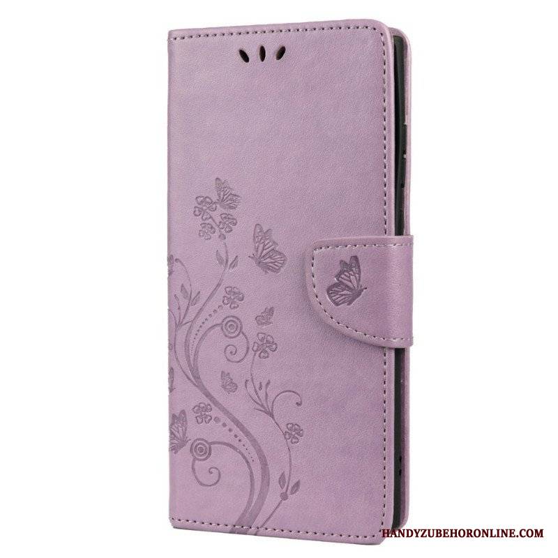 Etui Folio do Samsung Galaxy S22 Ultra 5G Motyle I Kwiaty Z Smyczem