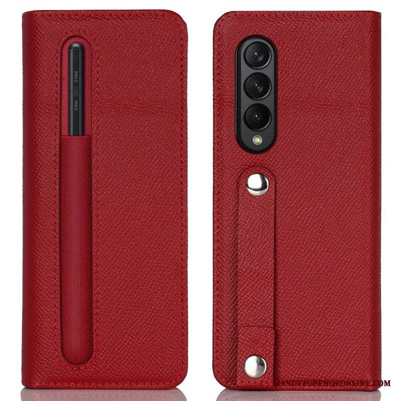 Etui Folio do Samsung Galaxy Z Fold 3 5G Uchwyt Na Długopis I Pasek Ze Skóry Naturalnej