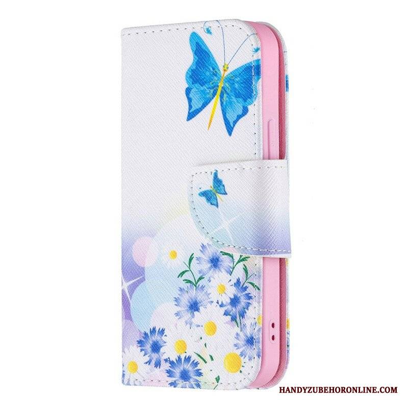 Etui Folio do iPhone 13 Mini Malowane Motyle I Kwiaty