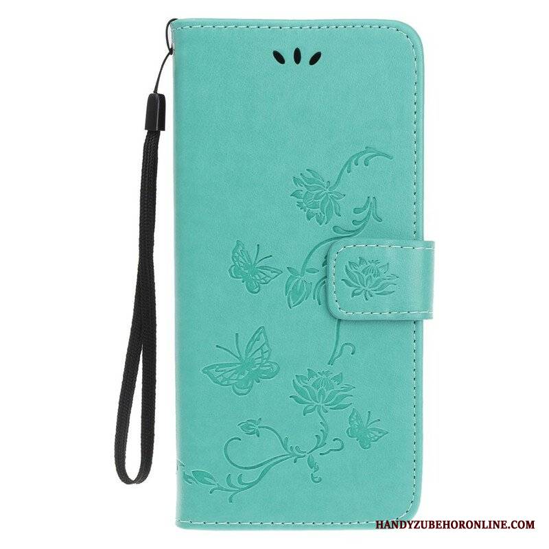 Etui Folio do iPhone 13 Mini z Łańcuch Pasek W Motyle I Kwiaty