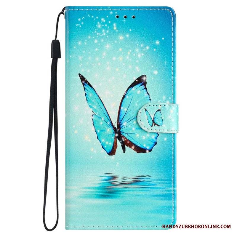 Etui Folio do iPhone 15 Plus z Łańcuch Motyle W Locie Z Paskiem