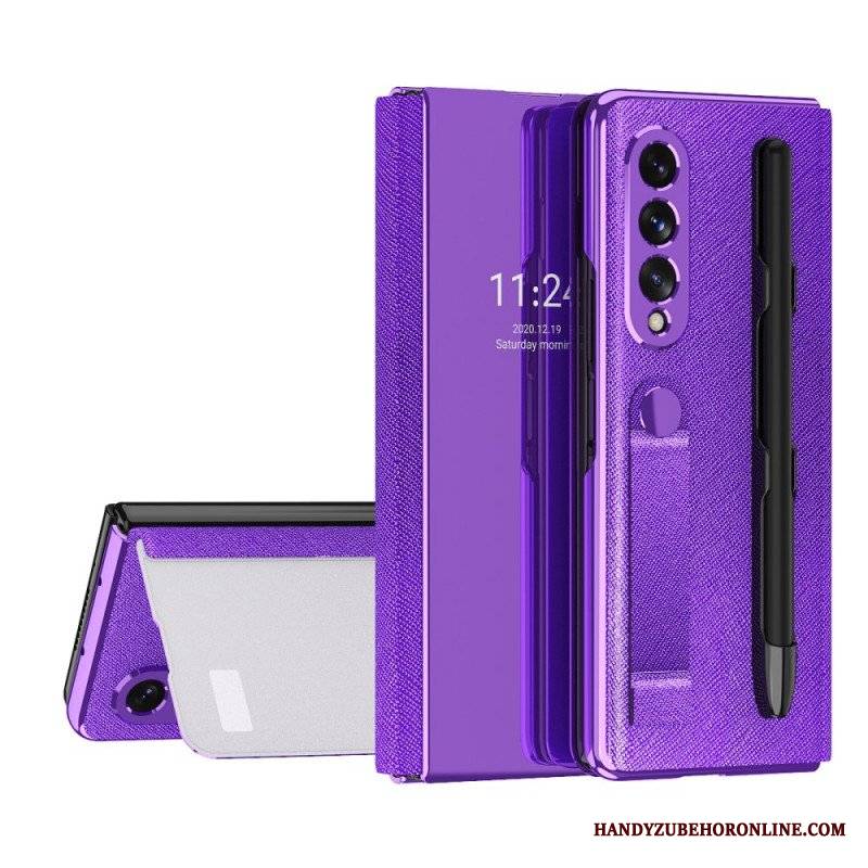 Etui Na Telefon do Samsung Galaxy Z Fold 3 5G Etui Folio Lustrzany Uchwyt Na Długopis I Pasek