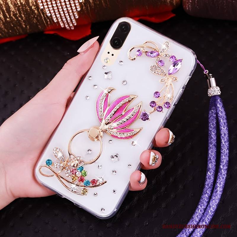 Huawei P20 Futerał Obrzeża Etui Na Telefon Miękki Ochraniacz Wiszące Ozdoby Rhinestone Przezroczysty