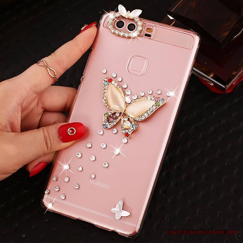 Huawei P9 Plus Futerał Rhinestone Pu Etui Ochraniacz Trudno Różowe Etui Na Telefon