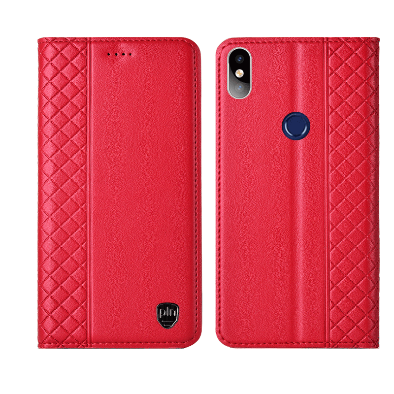 Redmi Note 6 Pro Futerał W Kratę Telefon Komórkowy Czerwony Prawdziwa Skóra Ochraniacz Anti-fall Etui