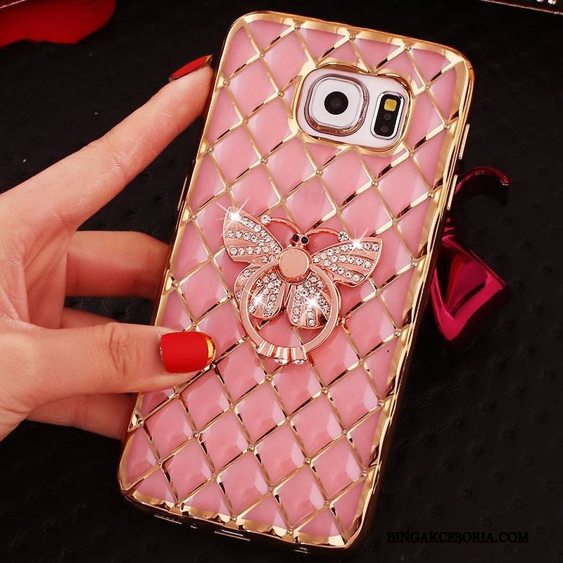 Samsung Galaxy S6 Edge Cienkie Różowe Futerał Silikonowe Telefon Komórkowy Ring Rhinestone