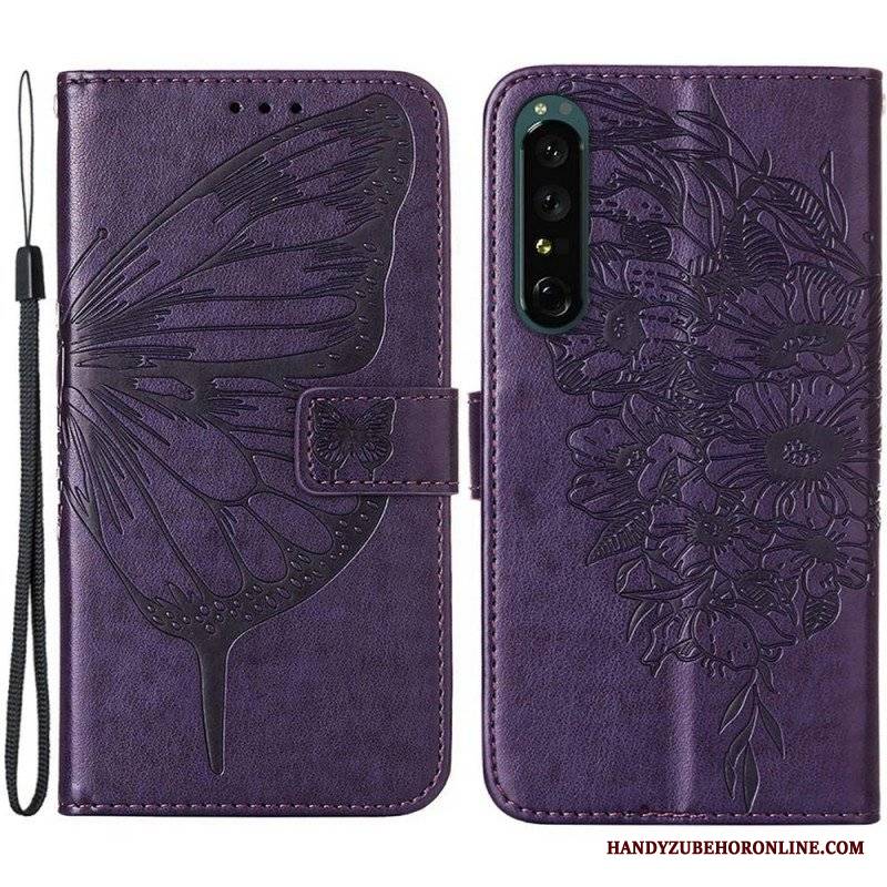 Skórzany Futerał do Sony Xperia 1 IV Motyl Ze Smyczą