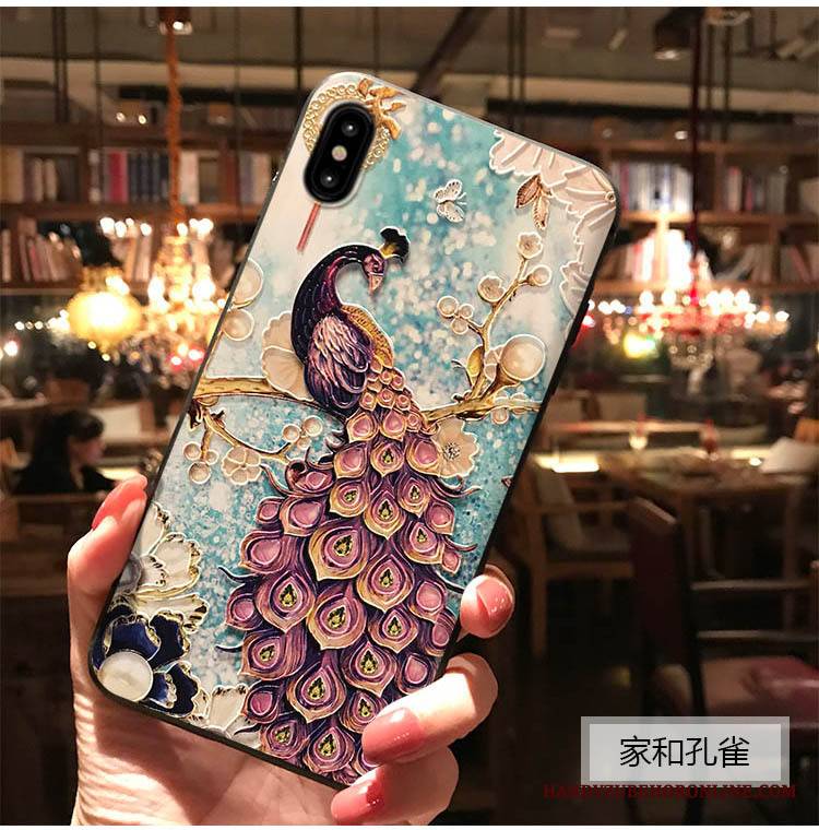 iPhone Xs Max Futerał Kreatywne Vintage Relief Pawie All Inclusive Etui Na Telefon Niebieski