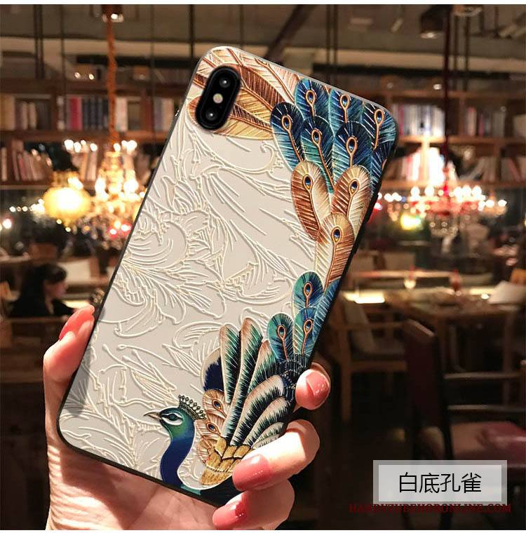 iPhone Xs Max Futerał Kreatywne Vintage Relief Pawie All Inclusive Etui Na Telefon Niebieski