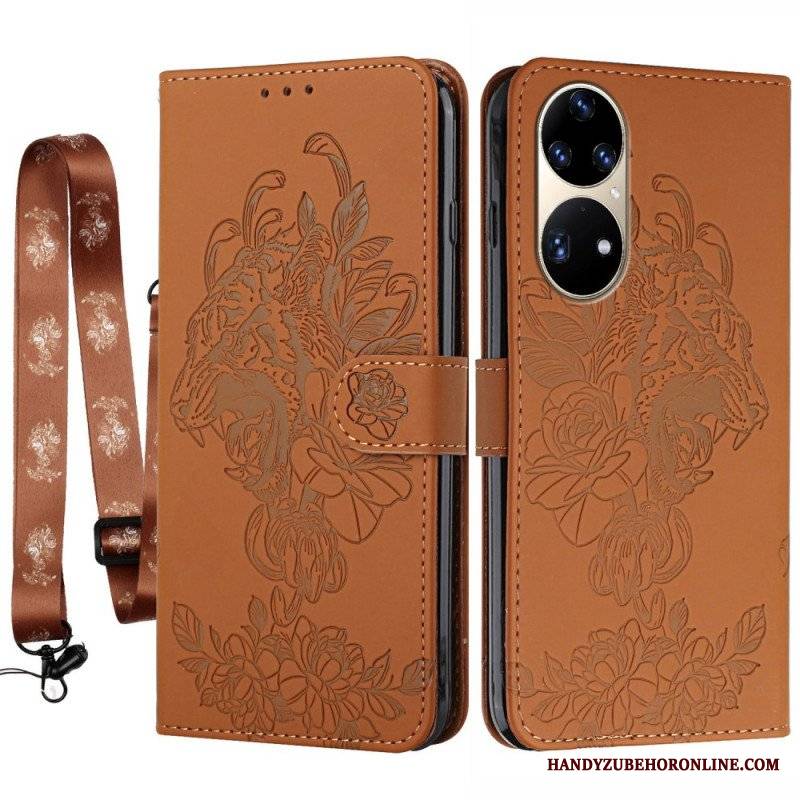 Etui Folio do Huawei P50 Pro z Łańcuch Barokowy Tygrys Z Paskami