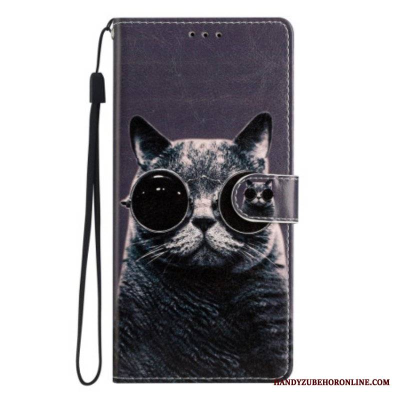 Etui Folio do Moto G73 5G z Łańcuch Okulary Z Paskami Cat