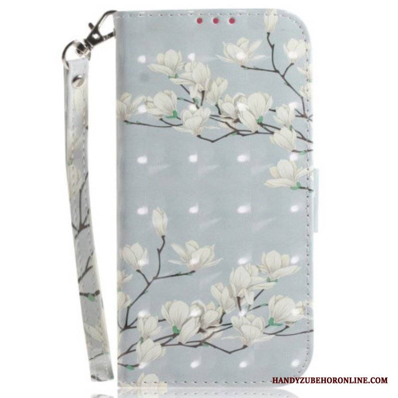 Etui Folio do OnePlus Nord 2T 5G z Łańcuch Kwiaty Magnolii W Paski