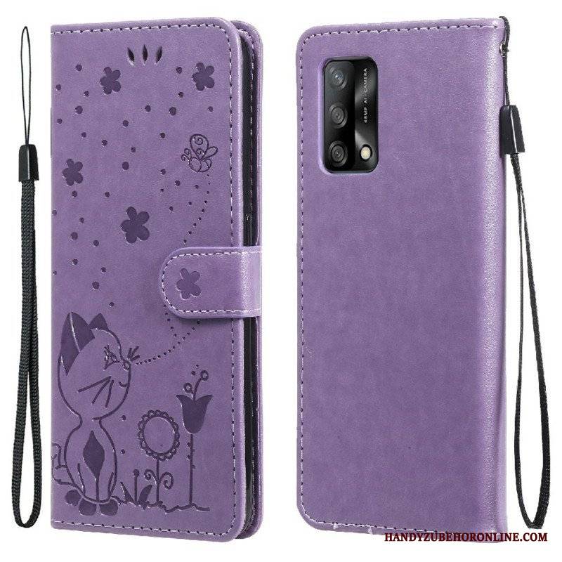 Etui Folio do Oppo A74 4G z Łańcuch Kot I Pszczoła Z Smyczą