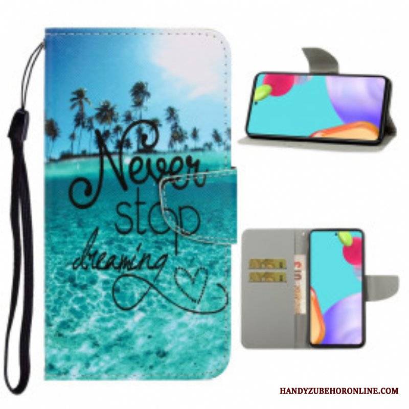 Etui Folio do Samsung Galaxy A52 4G / A52 5G / A52s 5G z Łańcuch Granatowy Pasek Na Ramiączkach Never Stop Dreaming