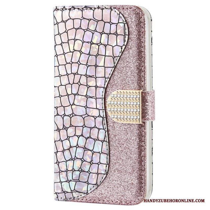 Etui Folio do Samsung Galaxy S22 5G Krokodyle Diamenty