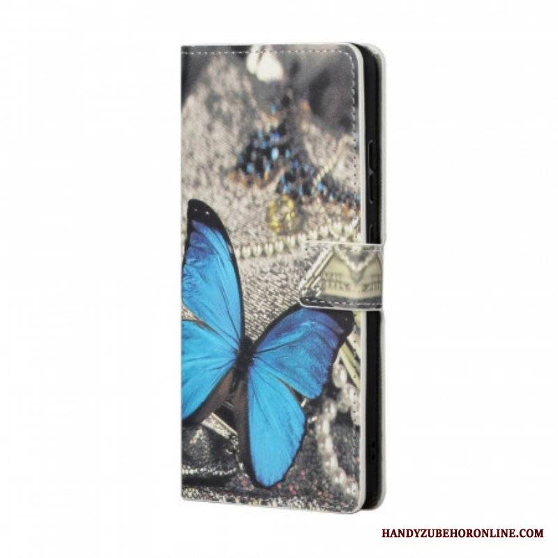 Etui Folio do Samsung Galaxy S22 Plus 5G Prestiżowy Motyl W Kolorze Niebieskim