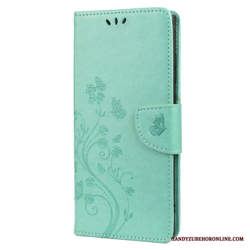 Etui Folio do Samsung Galaxy S22 Ultra 5G Motyle I Kwiaty Z Smyczem