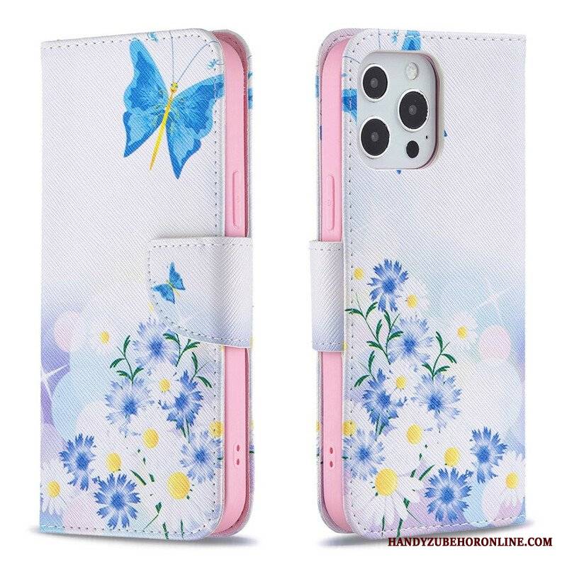 Etui Folio do iPhone 13 Pro Max Malowane Motyle I Kwiaty