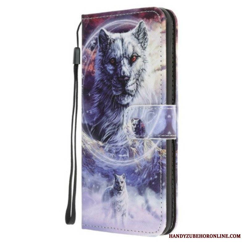 Etui Folio do iPhone 13 Pro Wilk W Zimie Ze Smyczą