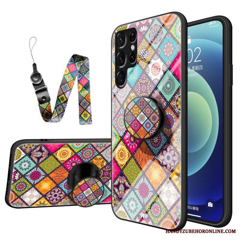 Etui do Samsung Galaxy S22 Ultra 5G Patchworkowy Uchwyt Magnetyczny