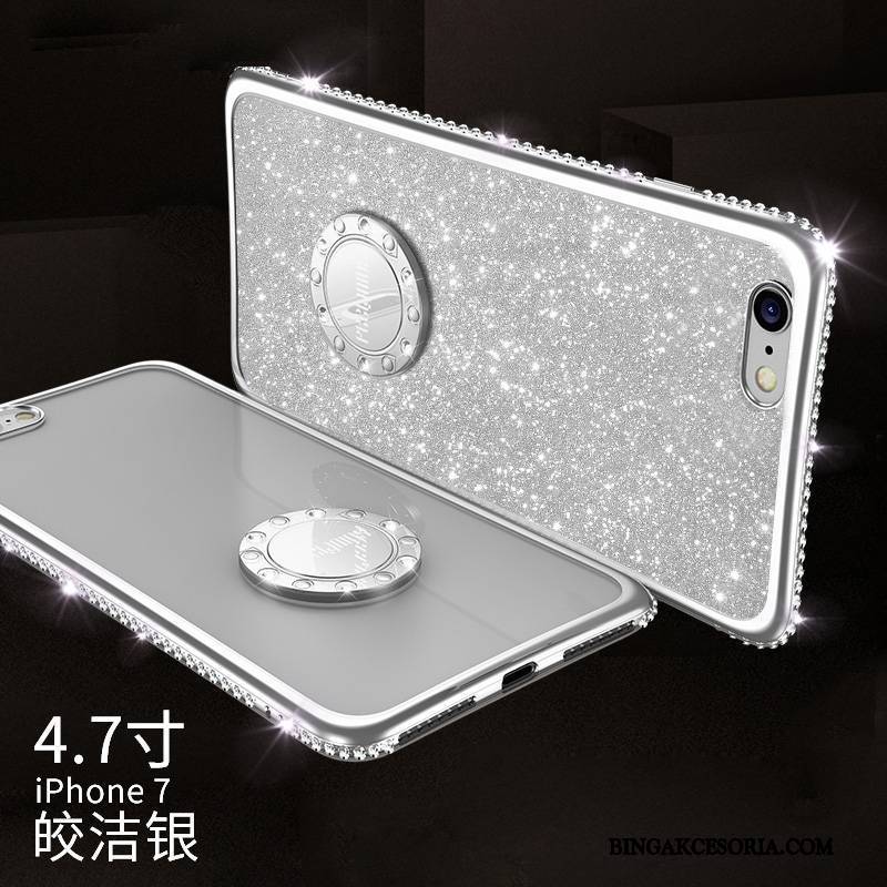 iPhone 8 Plus Futerał Etui Na Telefon Rhinestone Srebro Eleganckie Ring Modna Marka Silikonowe