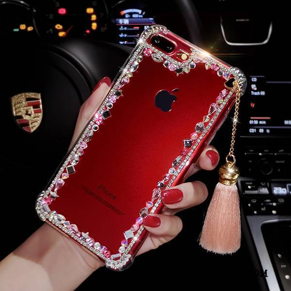 iPhone 8 Plus Futerał Luksusowy Przezroczysty Czerwony Silikonowe Rhinestone Etui Z Frędzlami