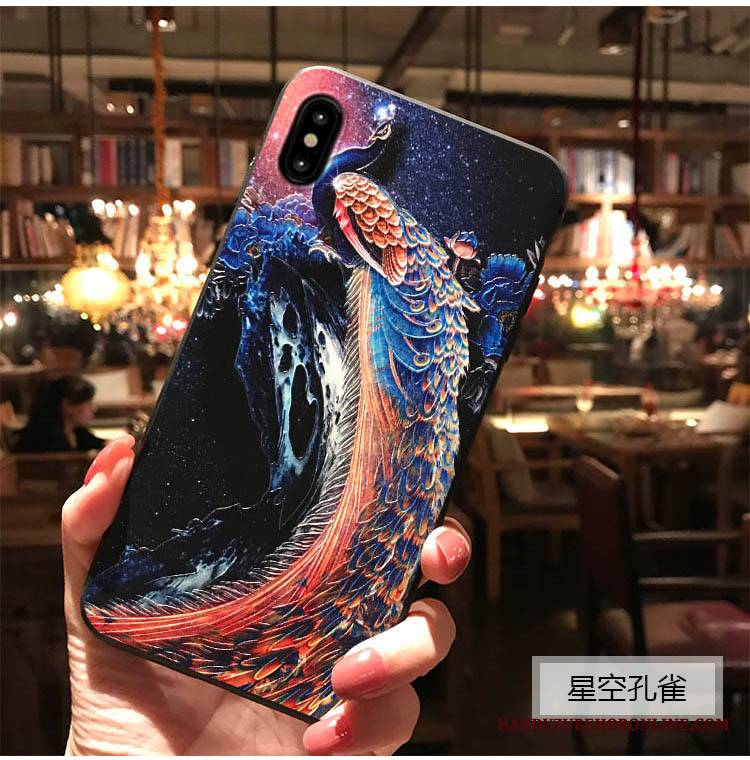 iPhone Xs Max Futerał Kreatywne Vintage Relief Pawie All Inclusive Etui Na Telefon Niebieski